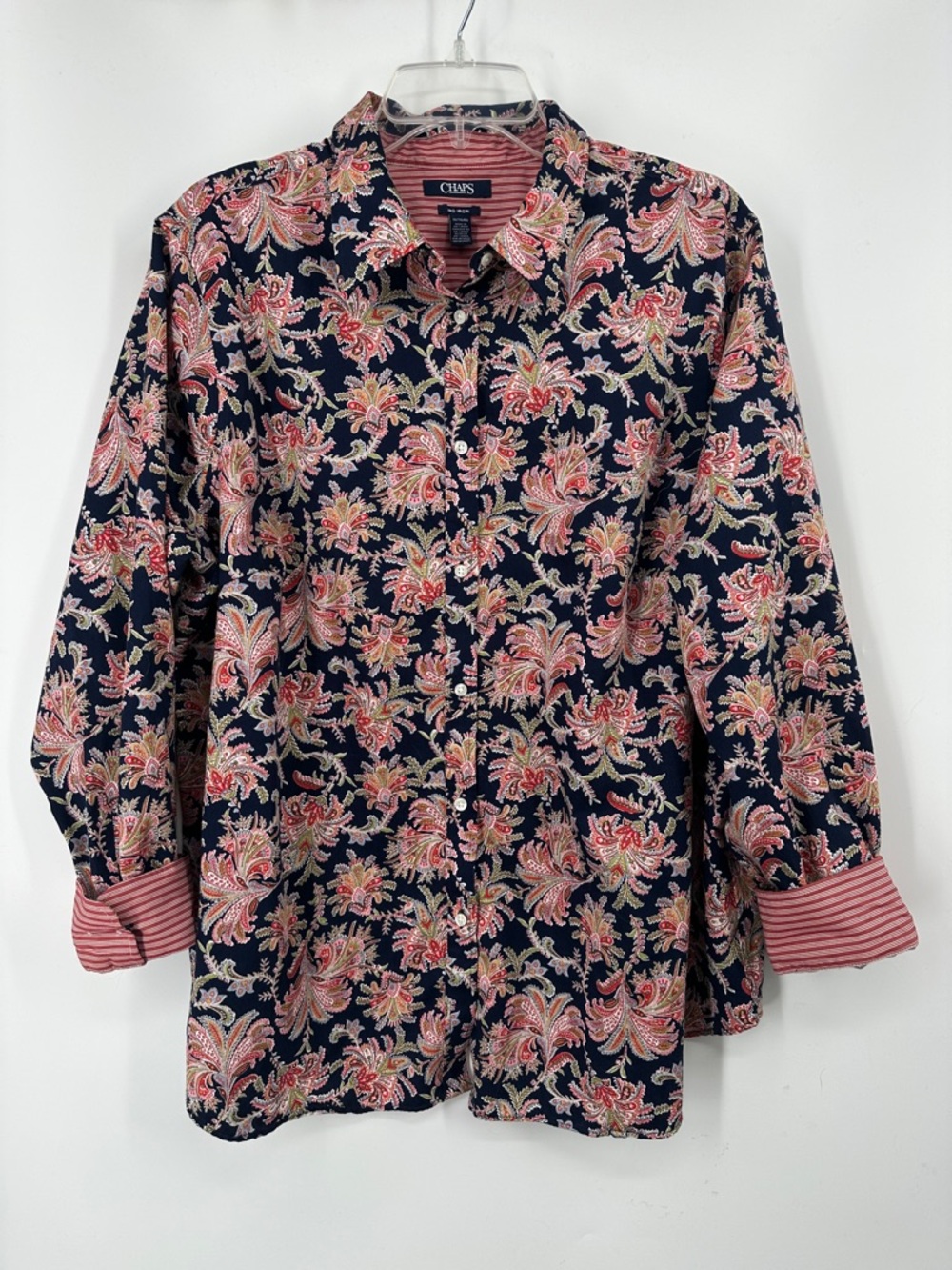 Chaps No Iron Navy Pink Floral Paisley Button-Down Shirt
